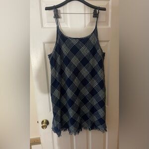 Womens XL Natural Reflections Blue Plaid Fringe Hem Dress Preowned *CUTE